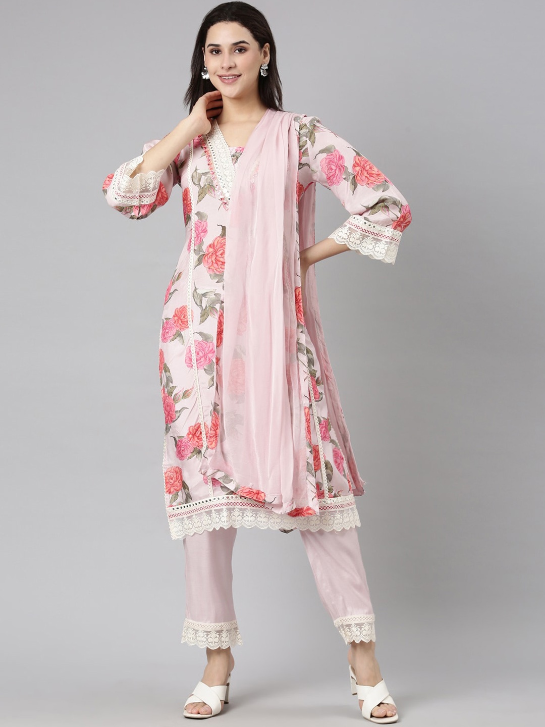 

Neerus Floral Printed V-Neck Mirror Work Kurta with Trousers & With Dupatta, Pink