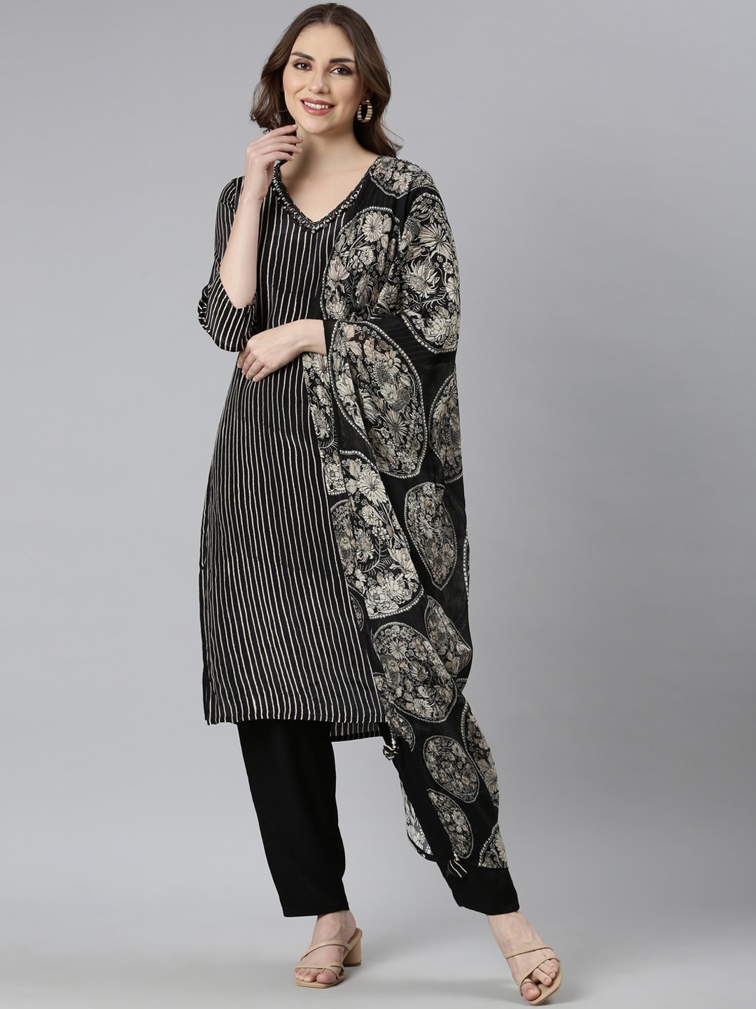 

Neerus Striped Regular Mirror Work Straight Kurta With Trousers & Dupatta, Black