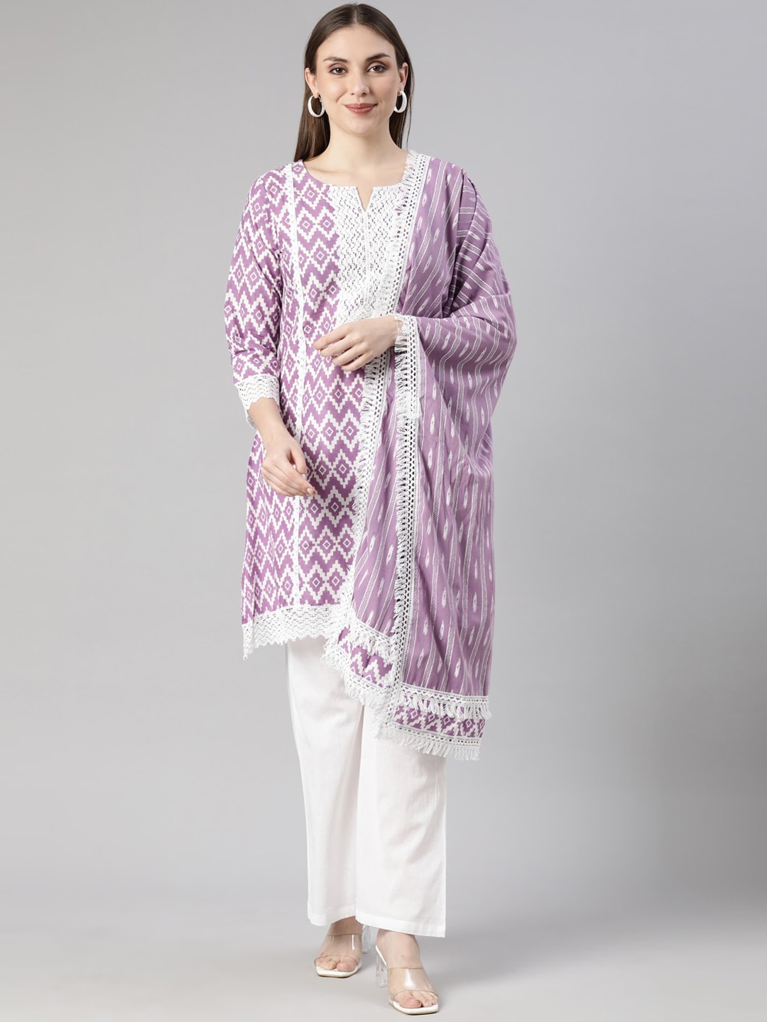 

Neerus Geometric Printed Regular Patchwork Kurta With Palazzos & Dupatta, Lavender