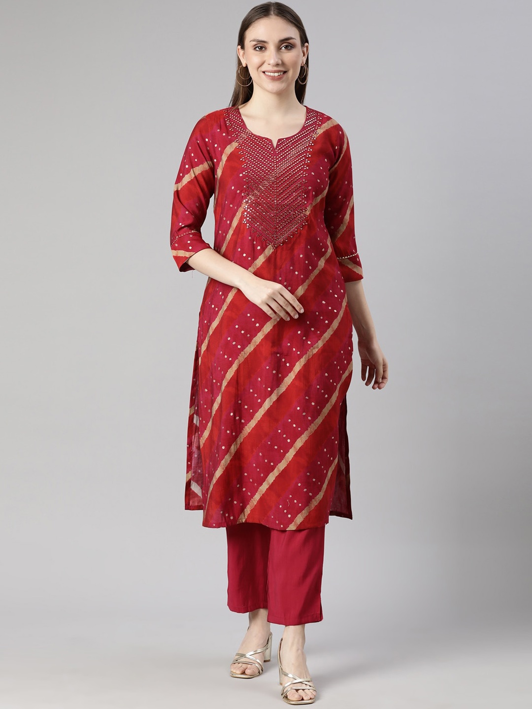 

Neerus Leheriya Printed Regular Mirror Work Straight Kurta with Trousers, Red