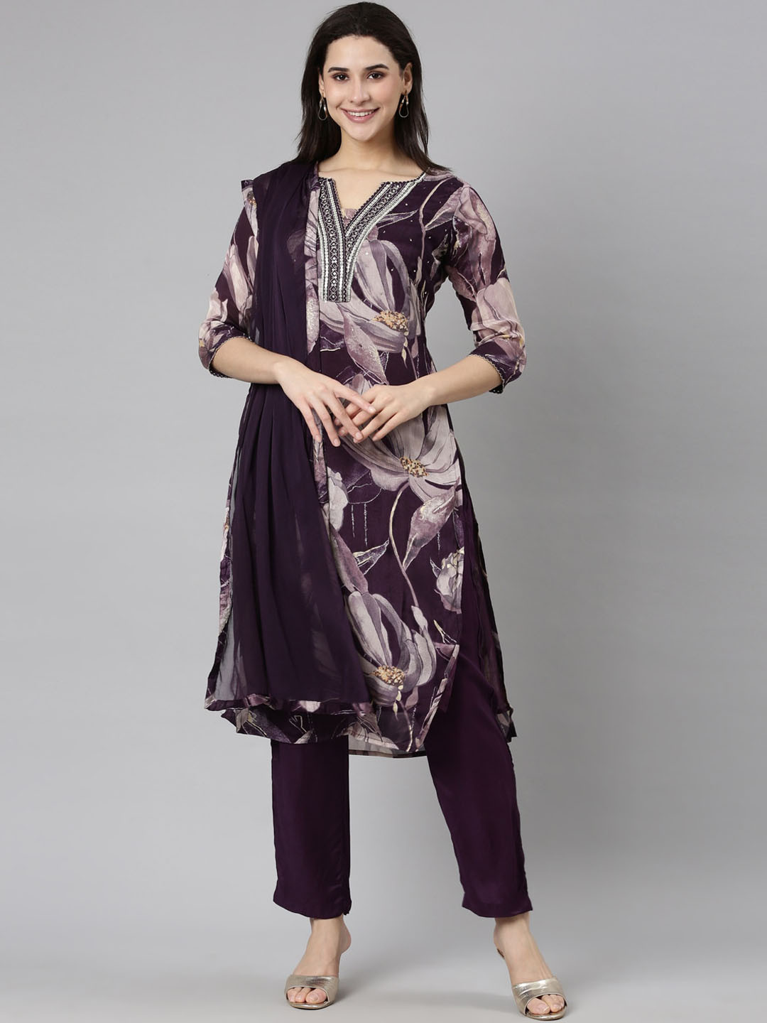

Neerus Floral Printed Mirror Work Kurta With Trousers & Dupatta, Purple