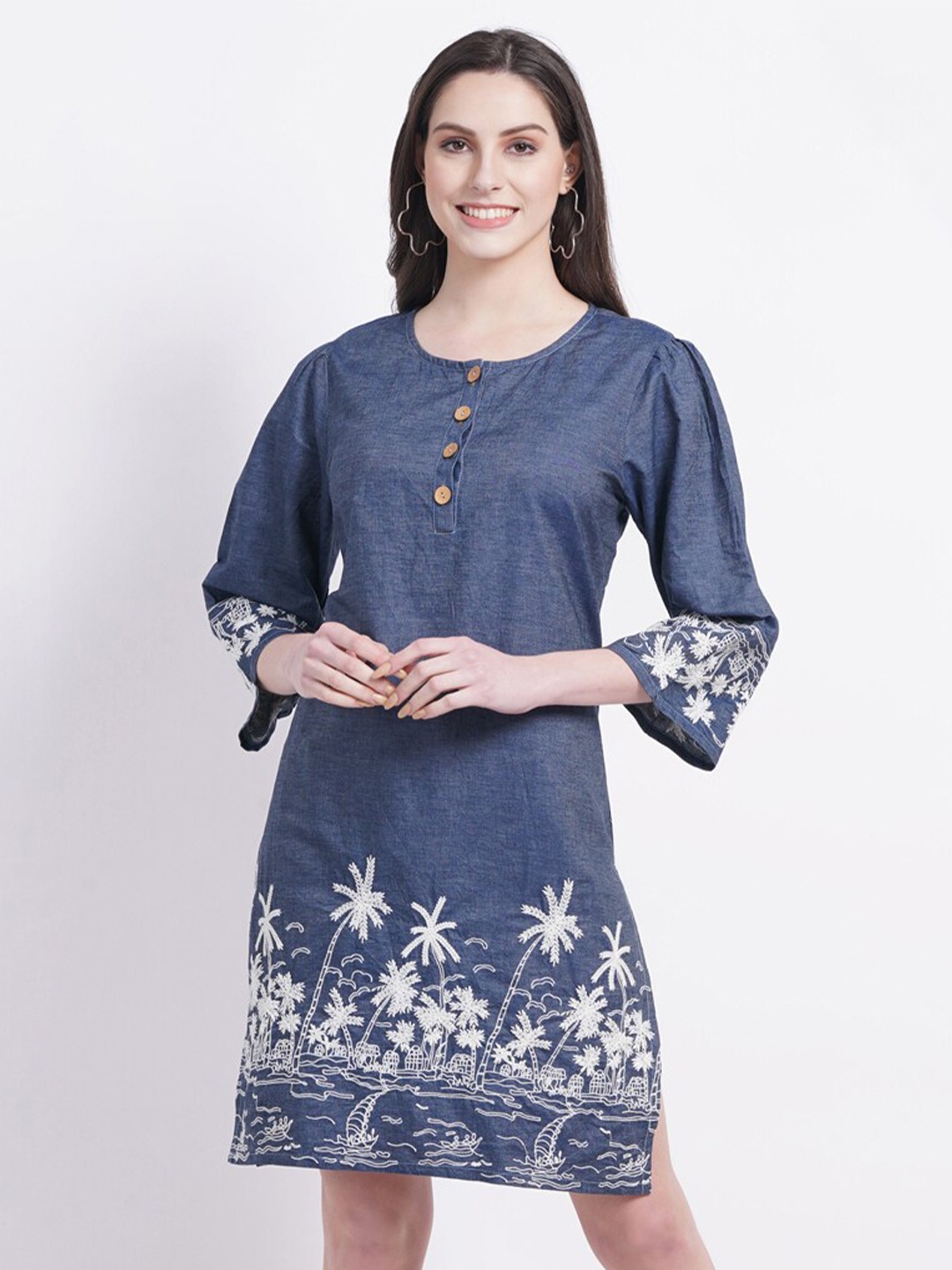 

SUMAVI-FASHION Floral Print Bell Sleeve Organic Cotton Denim Sheath Dress, Blue