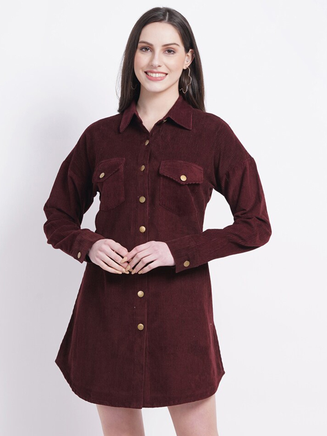 

SUMAVI-FASHION Long Sleeves Organic Cotton Shirt Dress, Maroon