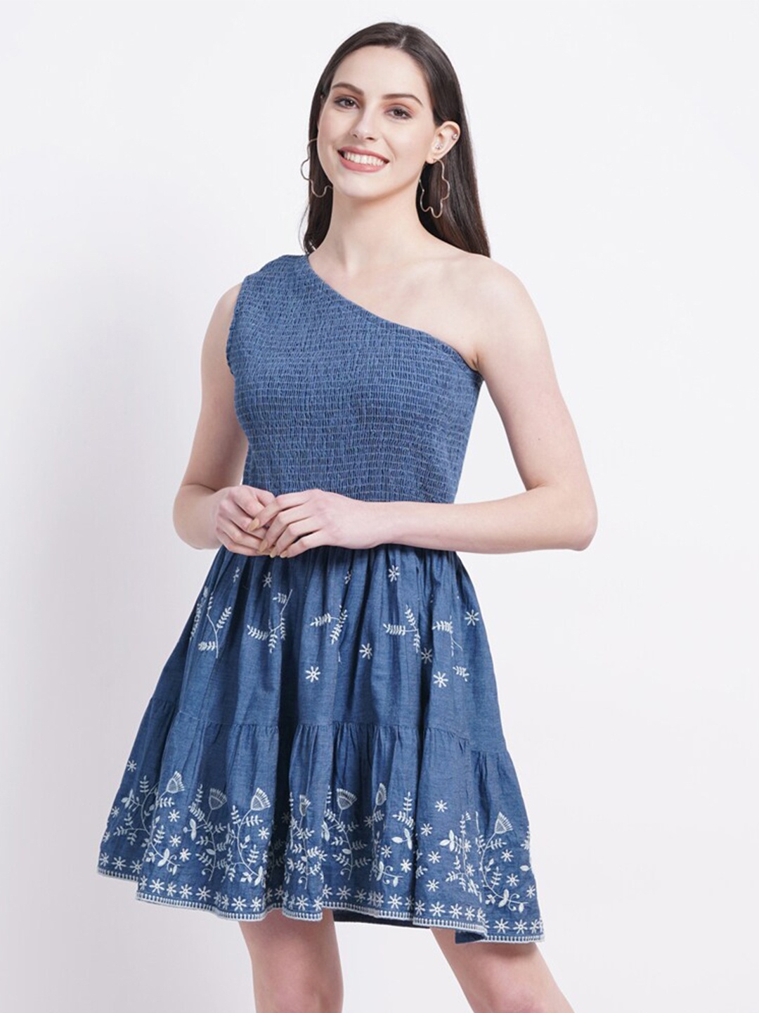 

SUMAVI-FASHION Floral Embroidered One Shoulder Smocked Organic Cotton Fit & Flare Dress, Blue