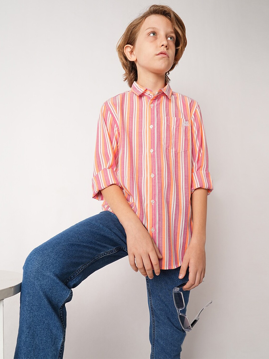 

Jack & Jones Junior Boys Spread Collar Striped Casual Shirt, Pink