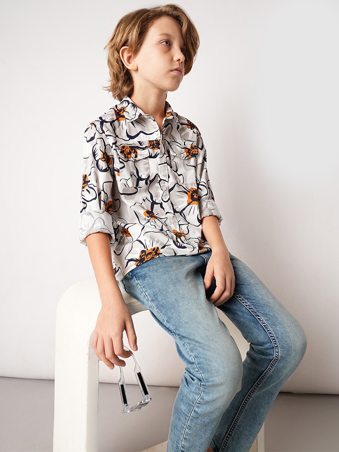 

Jack & Jones Junior Boys Floral Printed Spread Collar Long Sleeves Cotton Casual Shirt, White