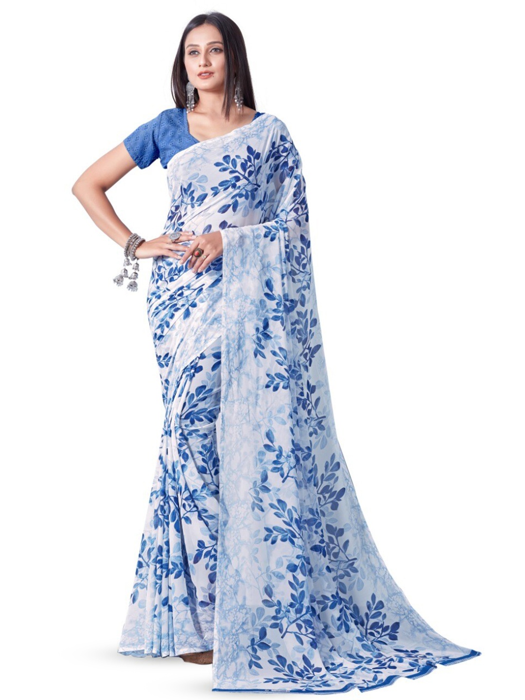 

Sanwariya Silk Floral Printed Pure Georgette Saree, Blue