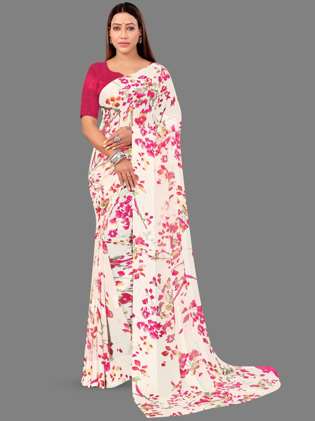 

Sanwariya Silk Floral Printed Satin Saree, Pink