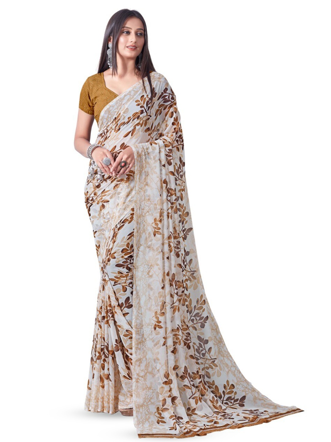 Sanwariya Silk Floral Printed Pure Georgette Saree, Coffee brown