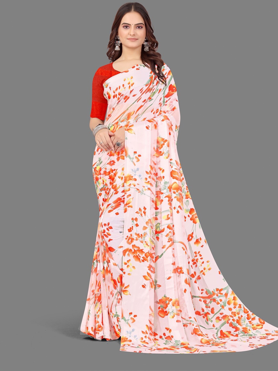 

Sanwariya Silk Floral Printed Satin Saree, Orange