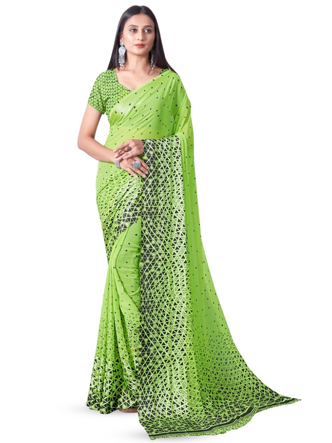 

Sanwariya Silk Geometric Printed Pure Georgette Block Print Saree, Green