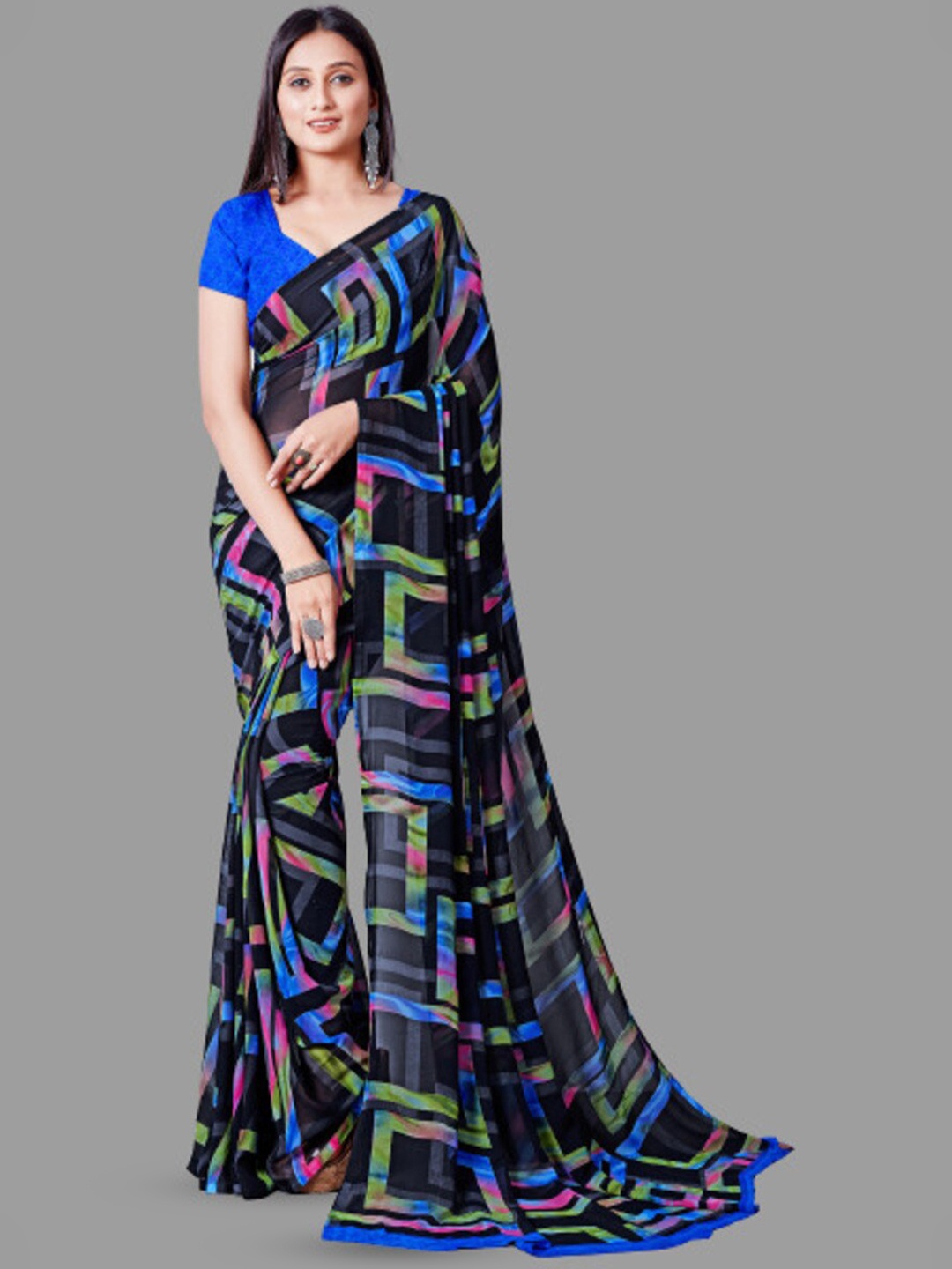 

Sanwariya Silk Geometric Printed Pure Georgette, Navy blue