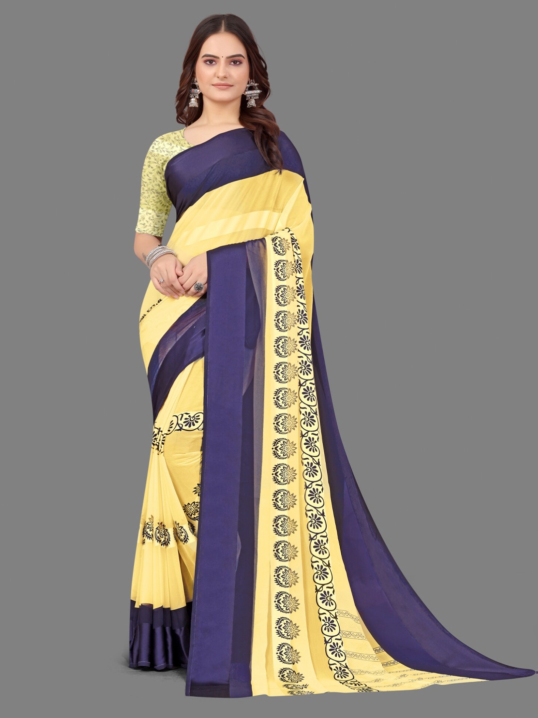 Sanwariya Silk Floral Printed Satin Saree, Yellow