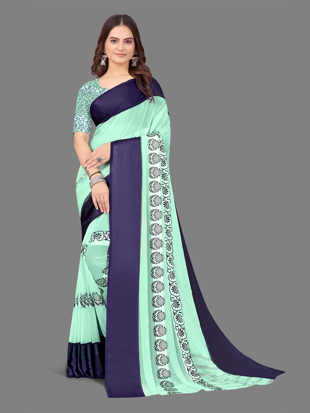 

Sanwariya Silk Floral Printed Satin Saree, Blue