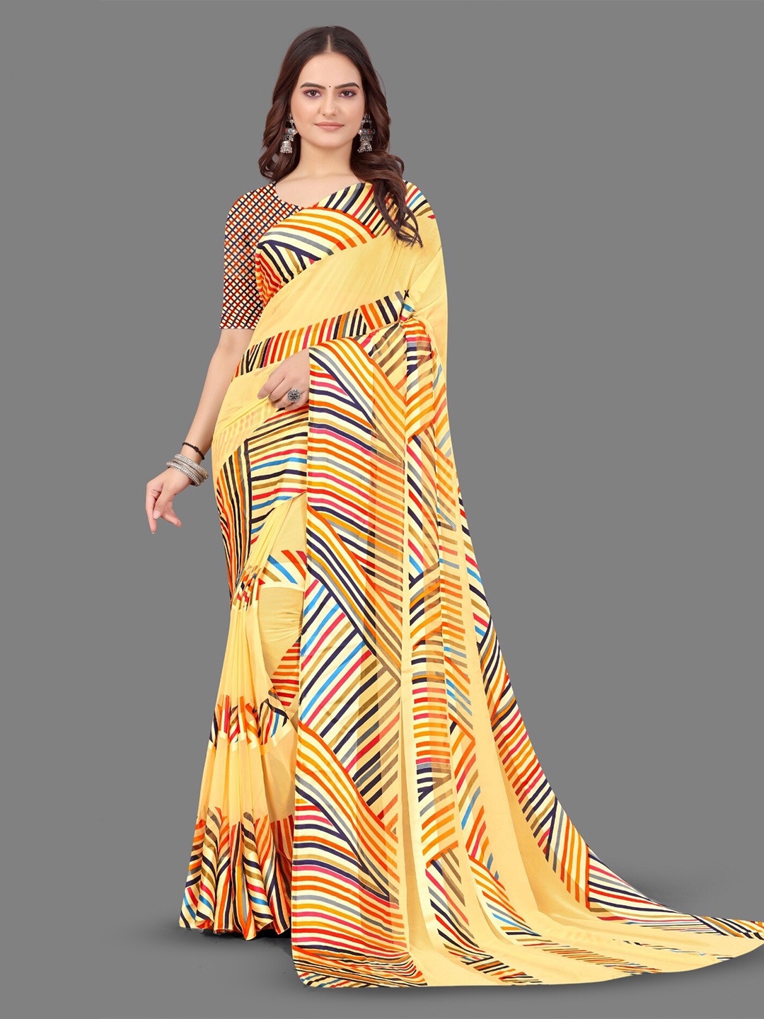 

Sanwariya Silk Geometric Printed Satin Saree, Yellow