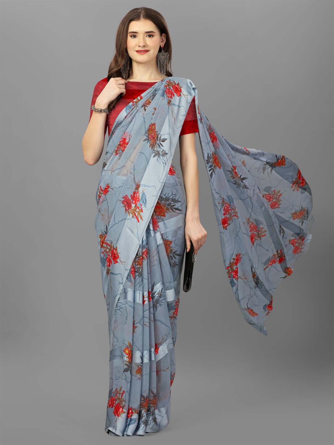 

Sanwariya Silk Floral Printed Satin Saree, Grey