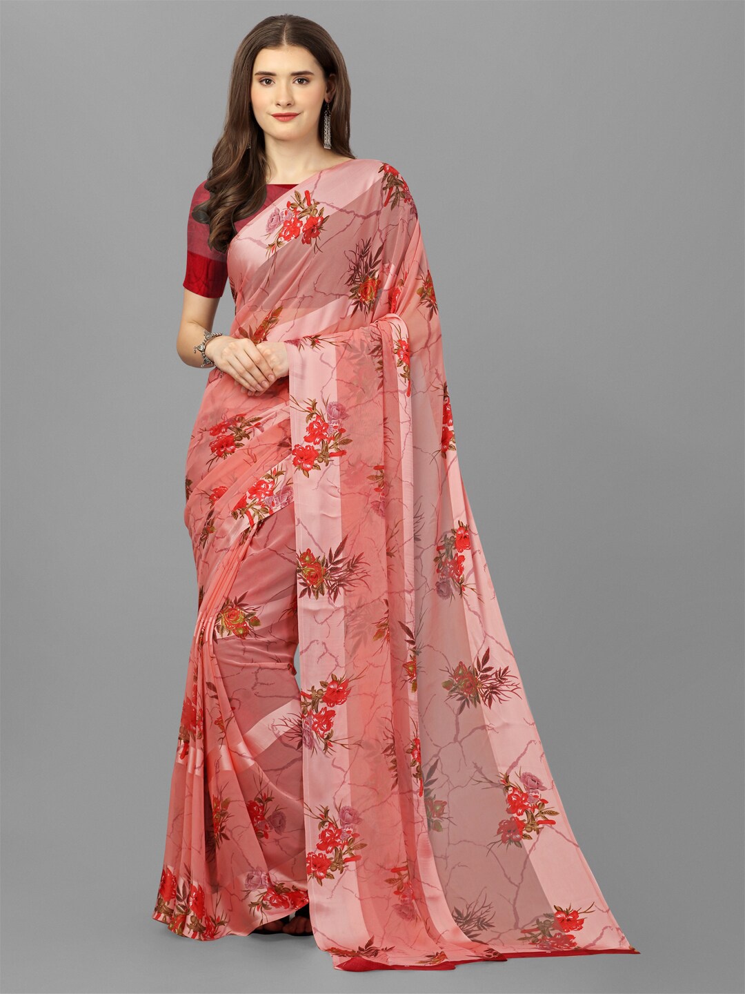 

Sanwariya Silk Floral Printed Satin Saree, Pink