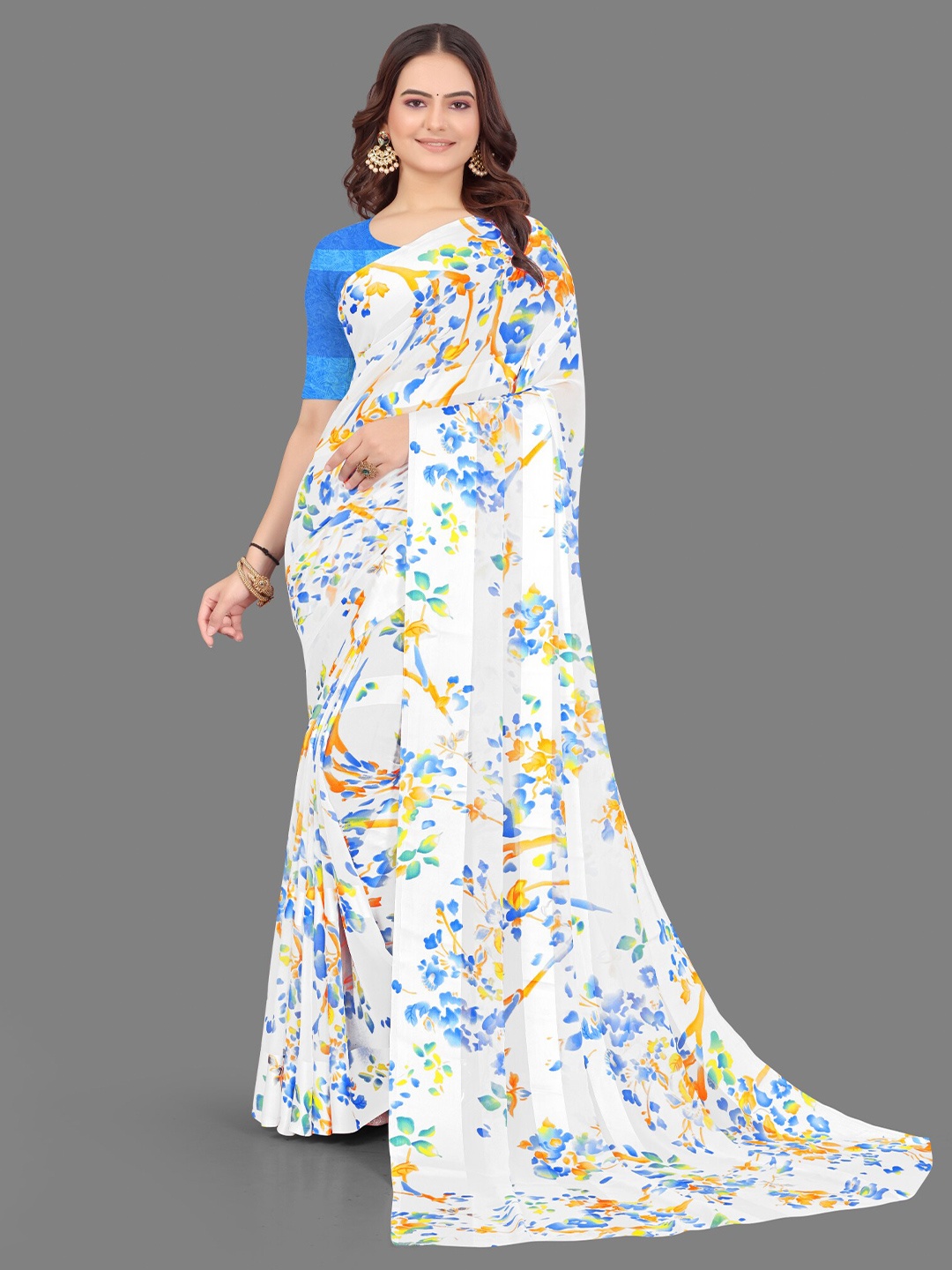 

Sanwariya Silk Floral Printed Satin Saree, White