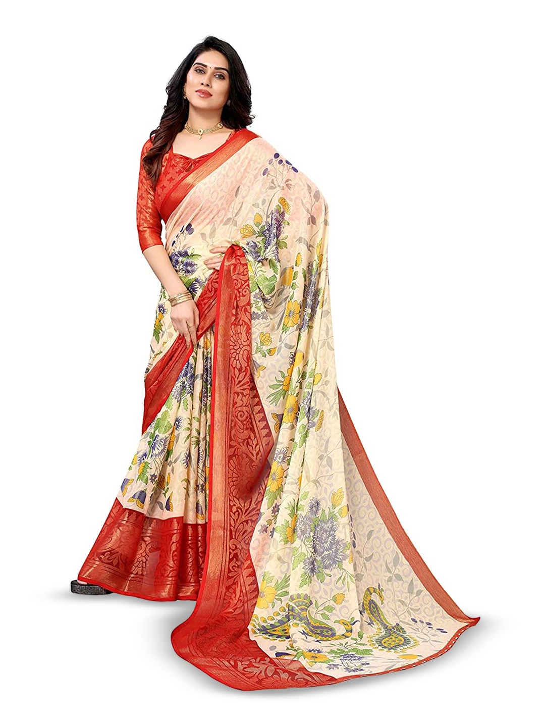 

Sanwariya Silk Floral Printed Brasso Saree, Red