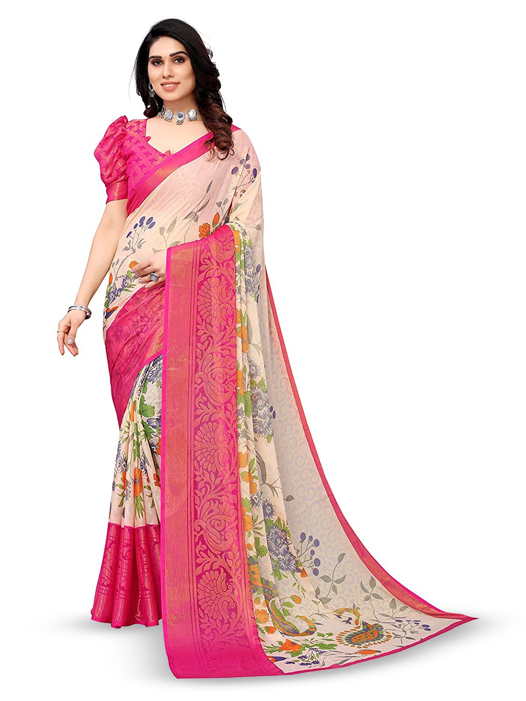 

Sanwariya Silk Floral Printed Brasso Saree, Pink
