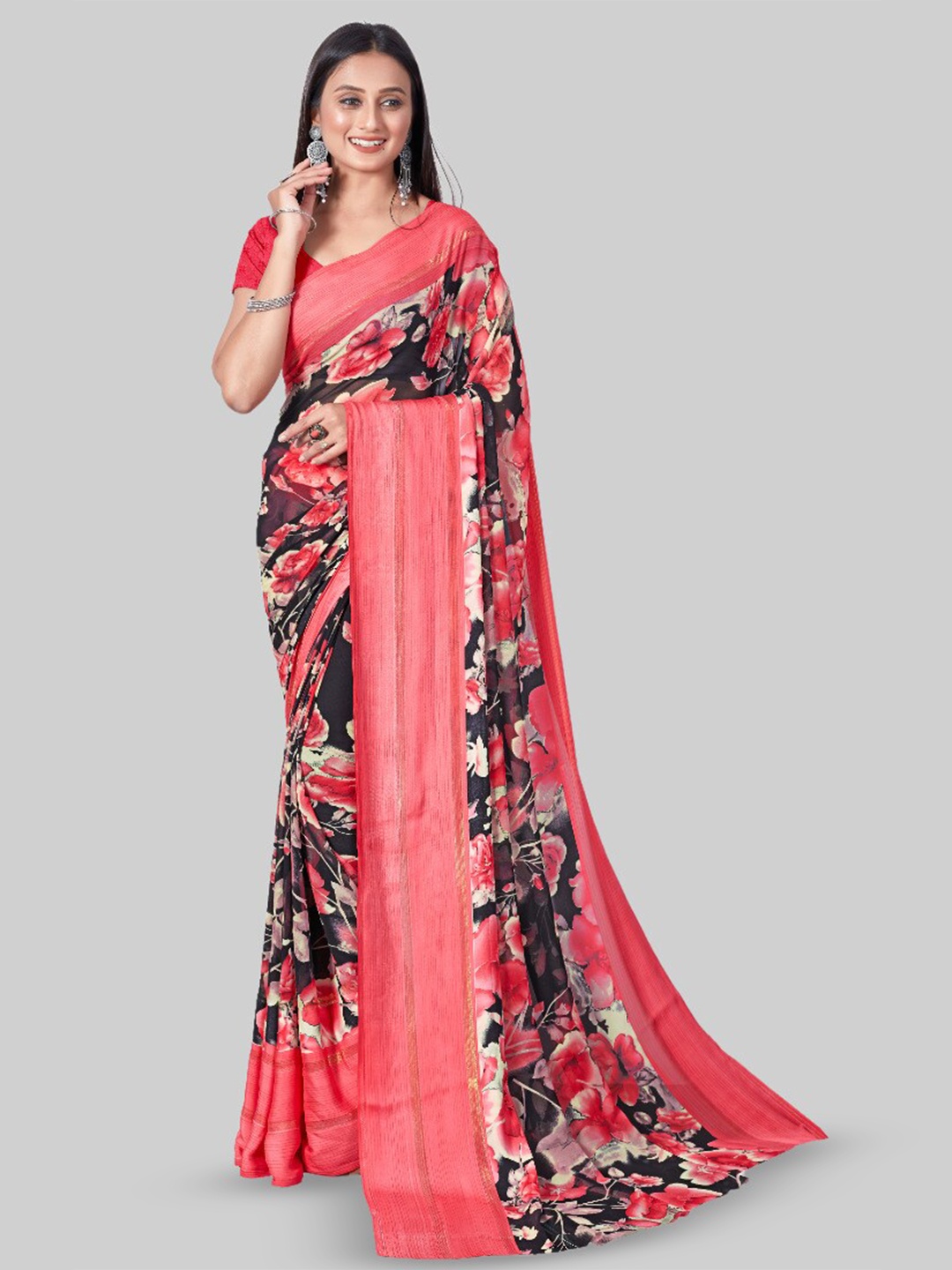 Sanwariya Silk Floral Printed Satin Saree, Red
