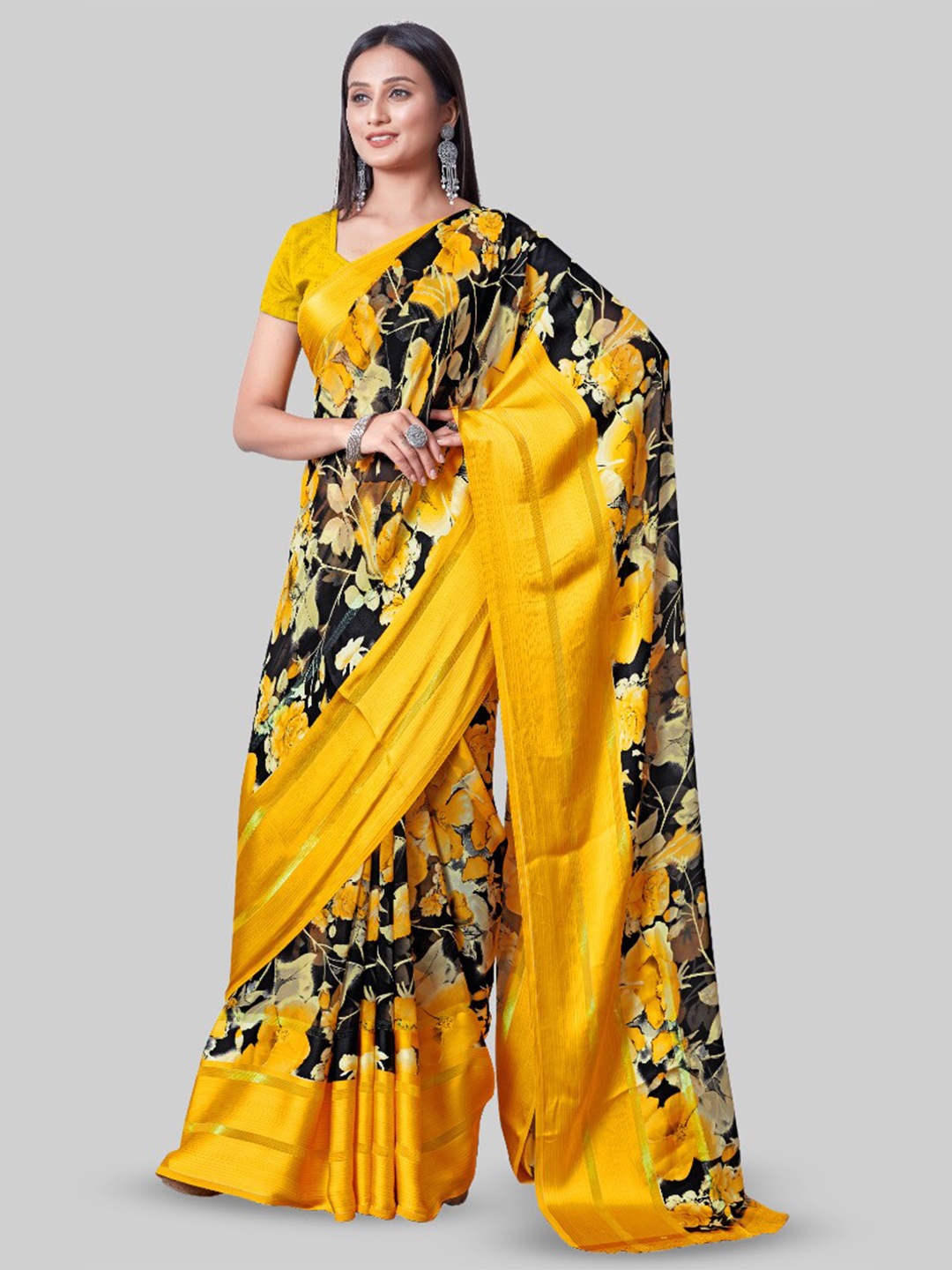 

Sanwariya Silk Floral Printed Satin Saree, Yellow