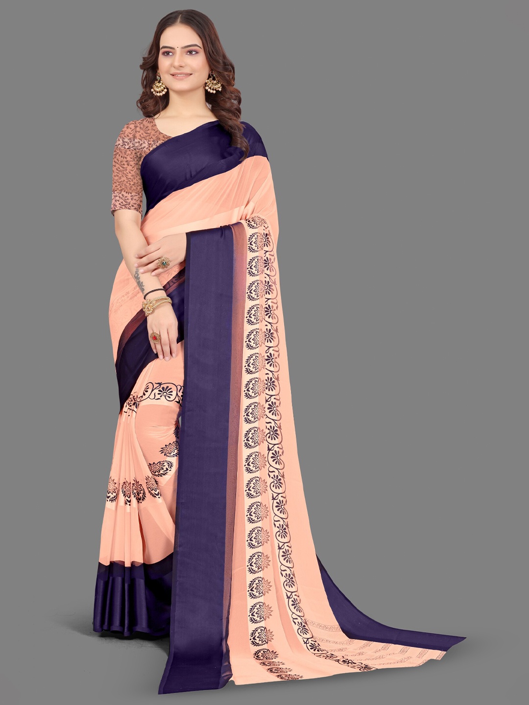 

Sanwariya Silk Floral Printed Satin Saree, Peach