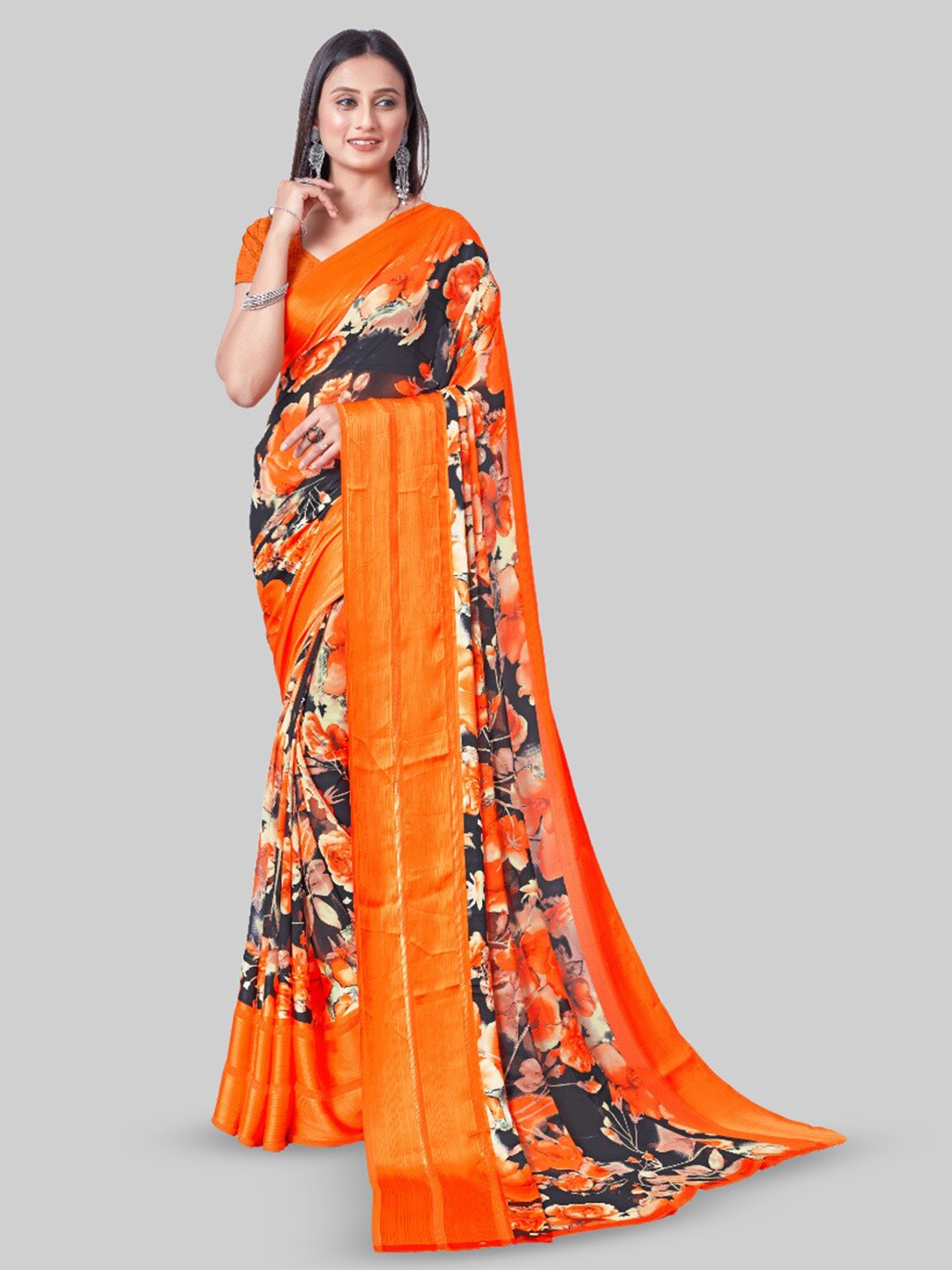 

Sanwariya Silk Floral Printed Satin Saree, Orange