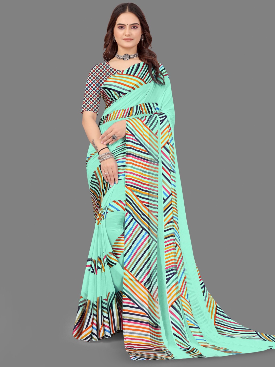 

Sanwariya Silk Geometric Printed Satin Saree, Blue