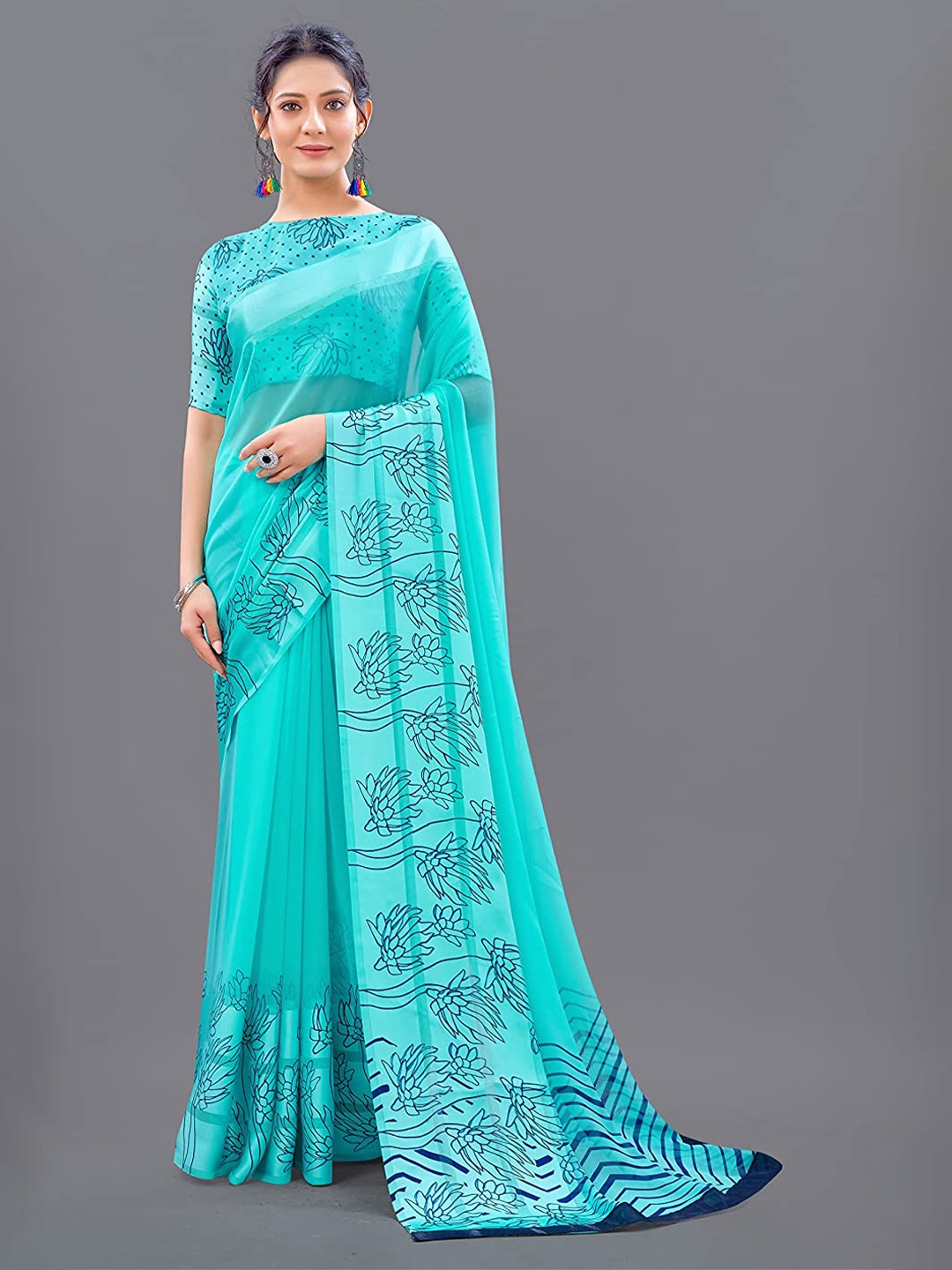 

Sanwariya Silk Floral Printed Satin Saree, Blue