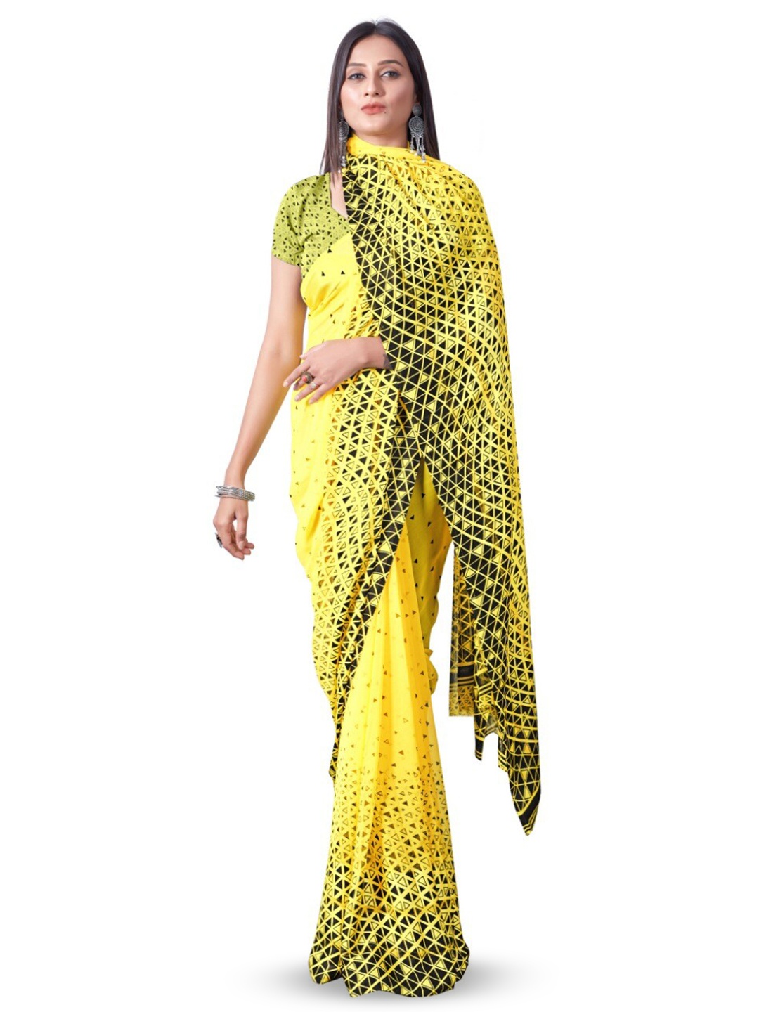 

Sanwariya Silk Geometric Printed Pure Georgette Block Print Saree, Yellow