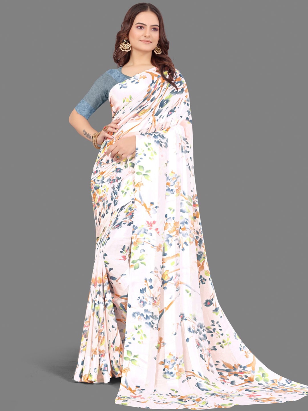 

Sanwariya Silk Floral Printed Satin Saree, White