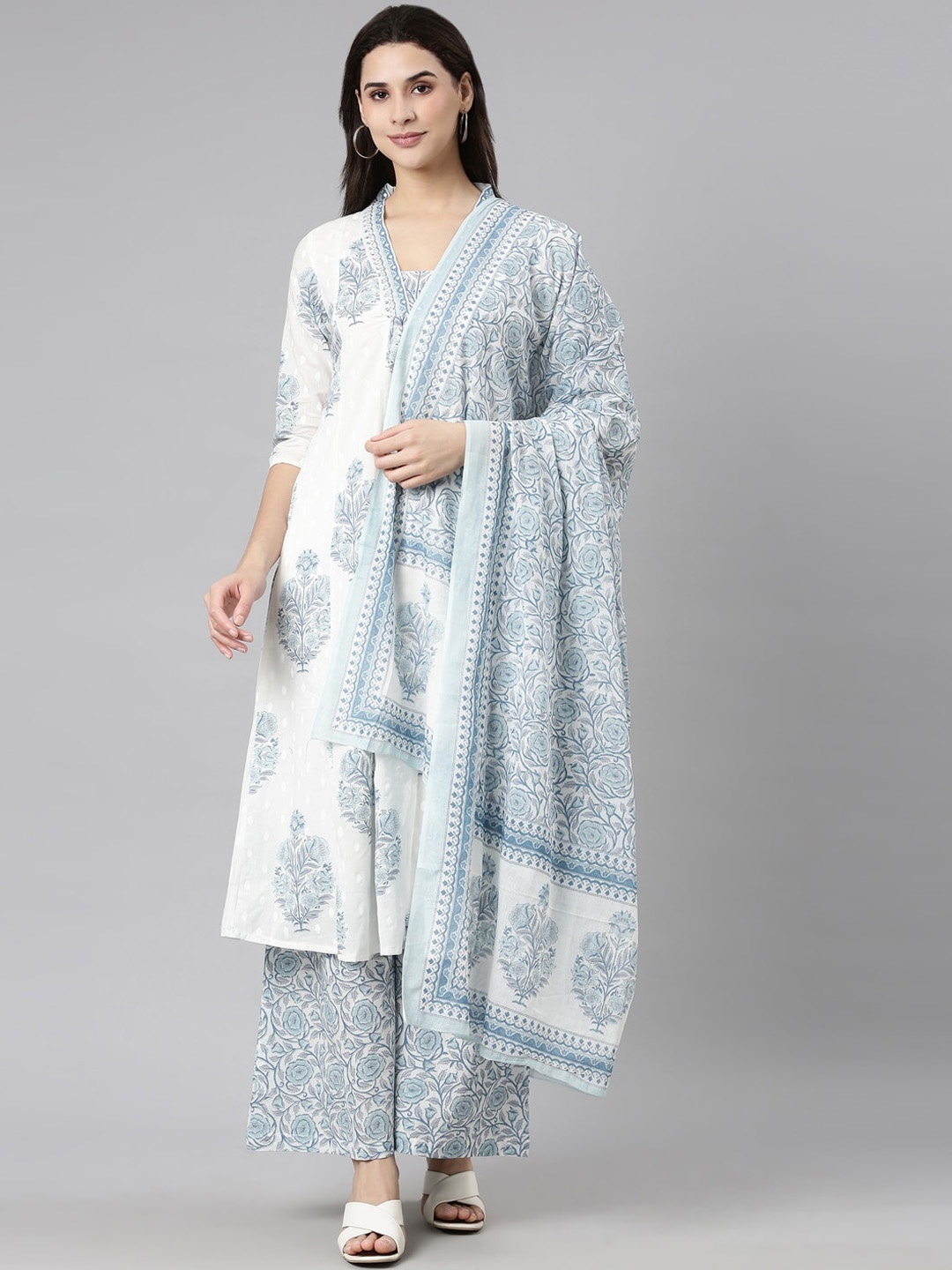 

Neerus Floral Printed A-Line Kurta With Palazzos & Dupatta, White