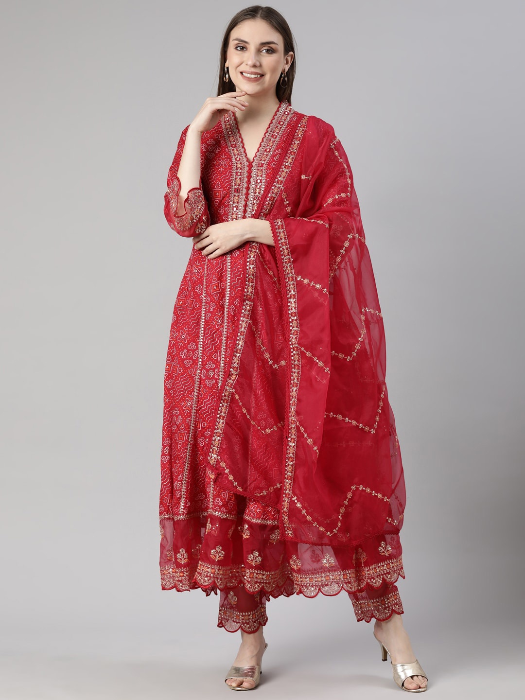 

Neerus Bandhani Printed Anarkali Kurta With Trousers & Dupatta, Red