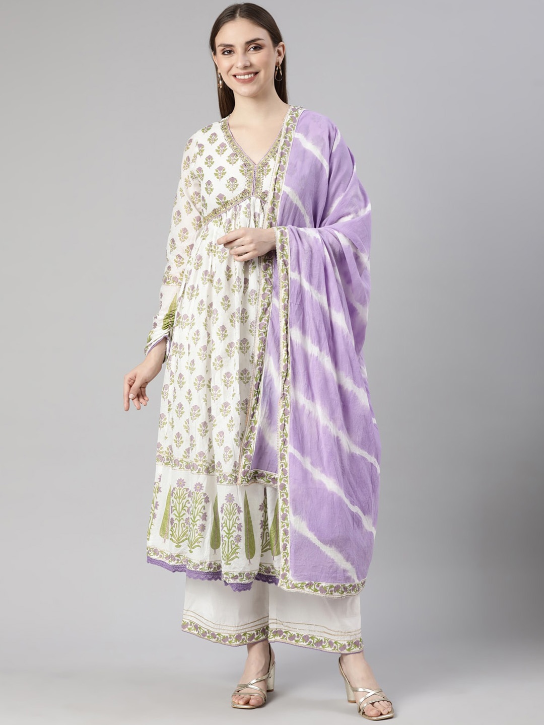 

Neerus Floral Printed Empire Sequinned Kurta With Palazzos & Dupatta, Lavender