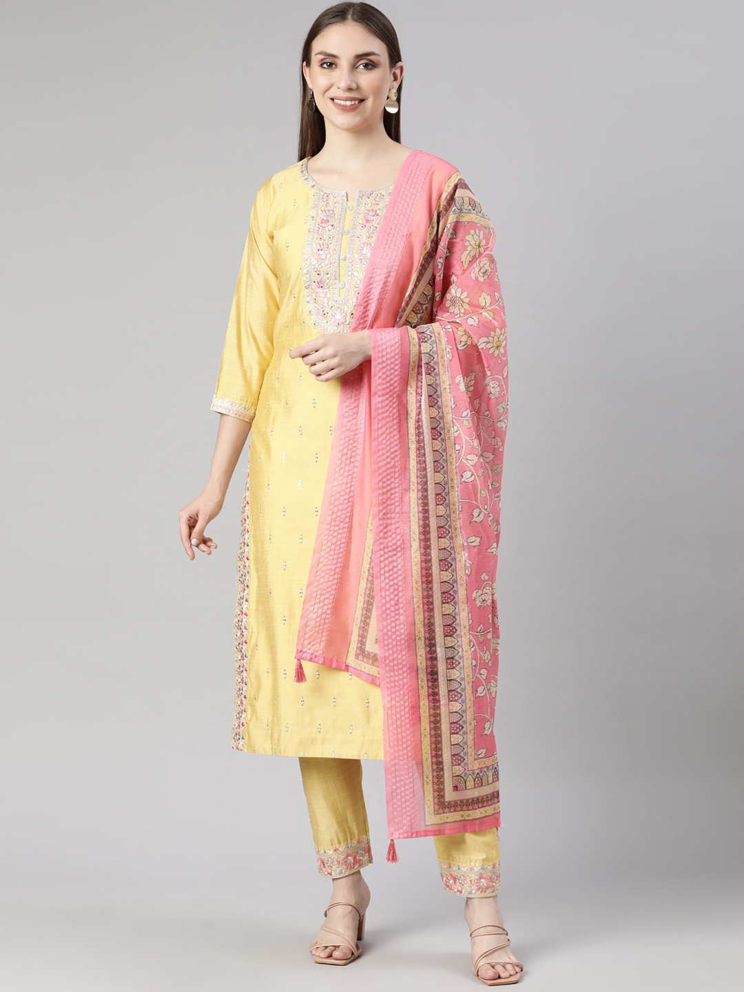 

Neerus Floral Embroidered Kurta with Trousers & With Dupatta, Mustard