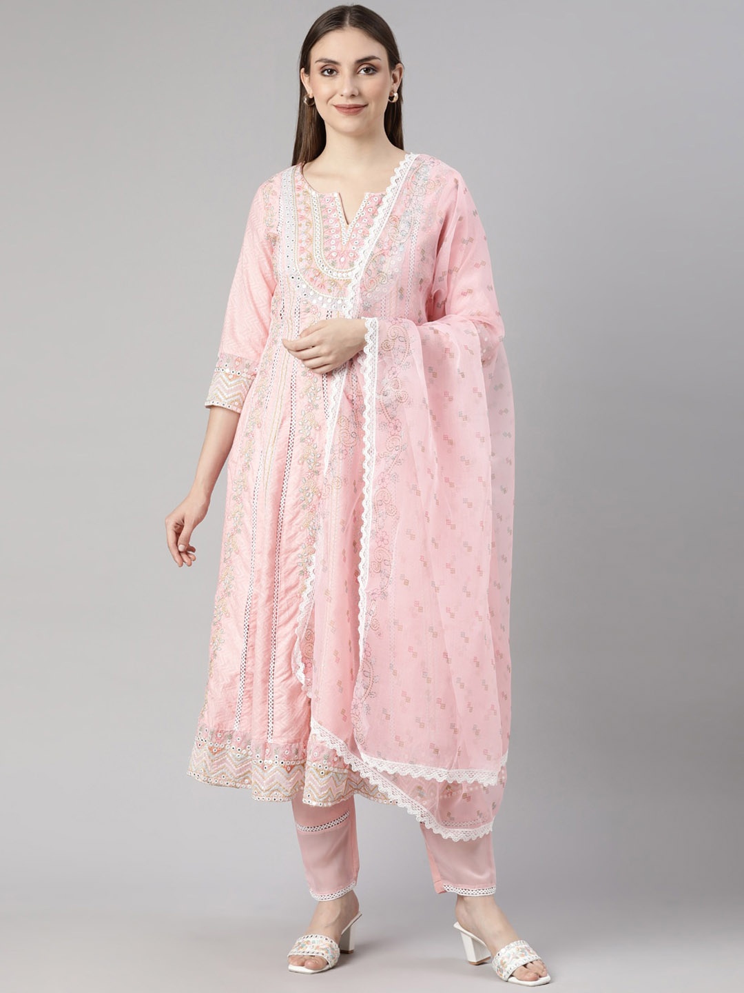 

Neerus Floral Embroidered Anarkali Kurta with Trousers & With Dupatta, Pink