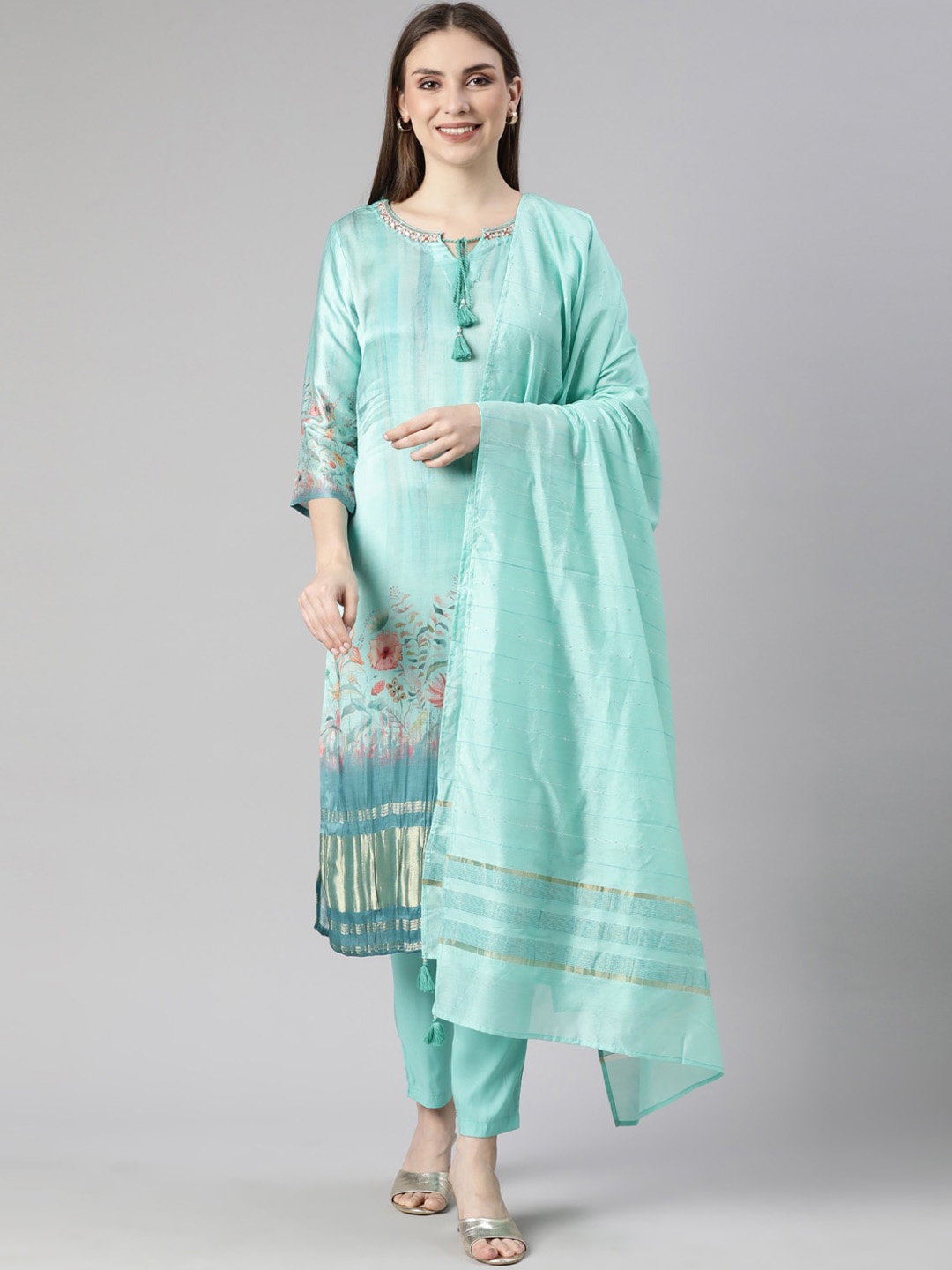 

Neerus Floral Printed Kurta with Trousers & With Dupatta, Sea green