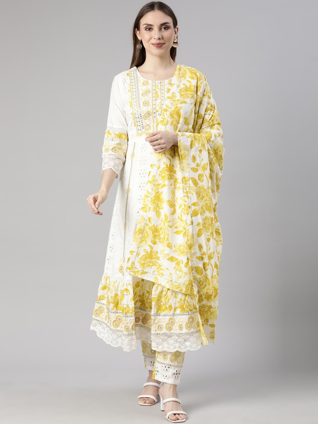 

Neerus Floral Embroidered Regular Anarkali Pure Cotton Kurta with Palazzos & Dupatta, White