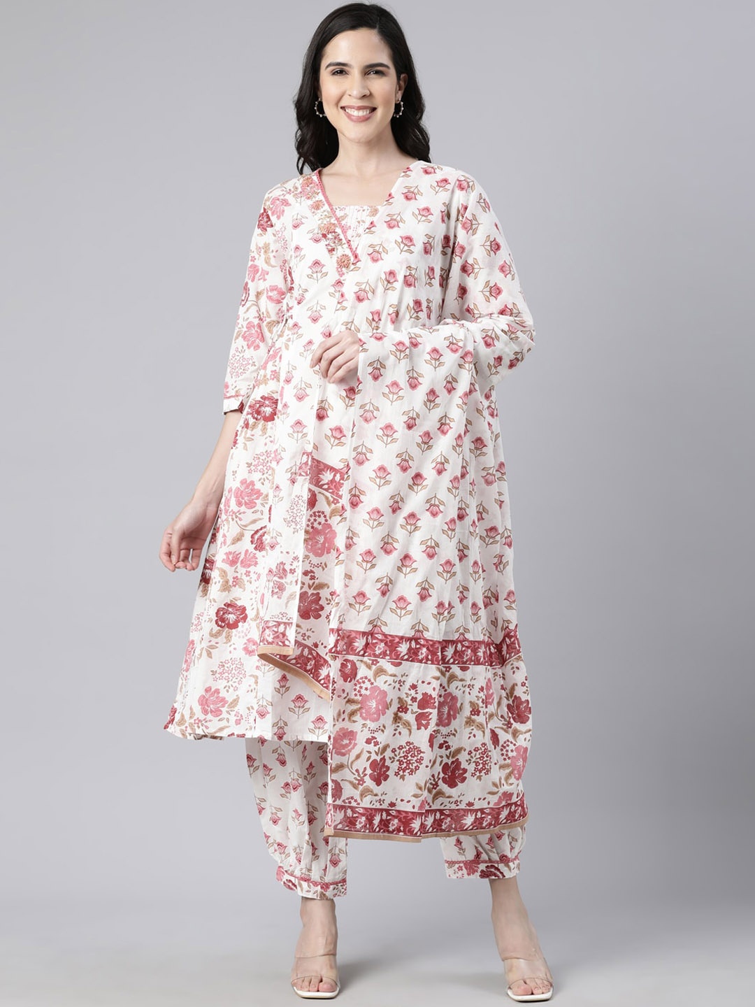 

Neerus Floral Printed Empire Anarkali Kurta with Salwar & Dupatta, Pink