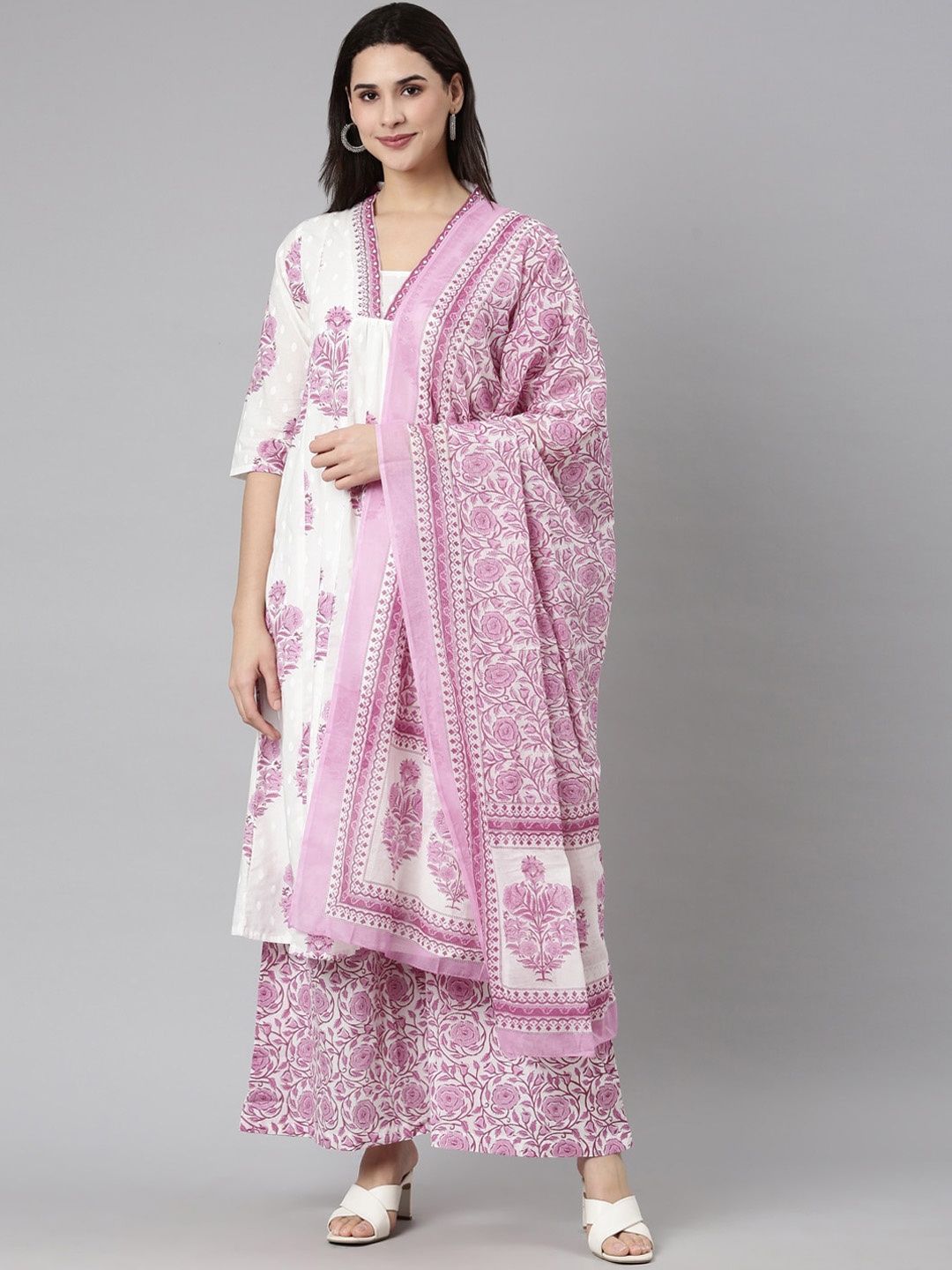 

Neerus Floral Printed Empire Anarkali Kurta with Palazzos & Dupatta, Lavender