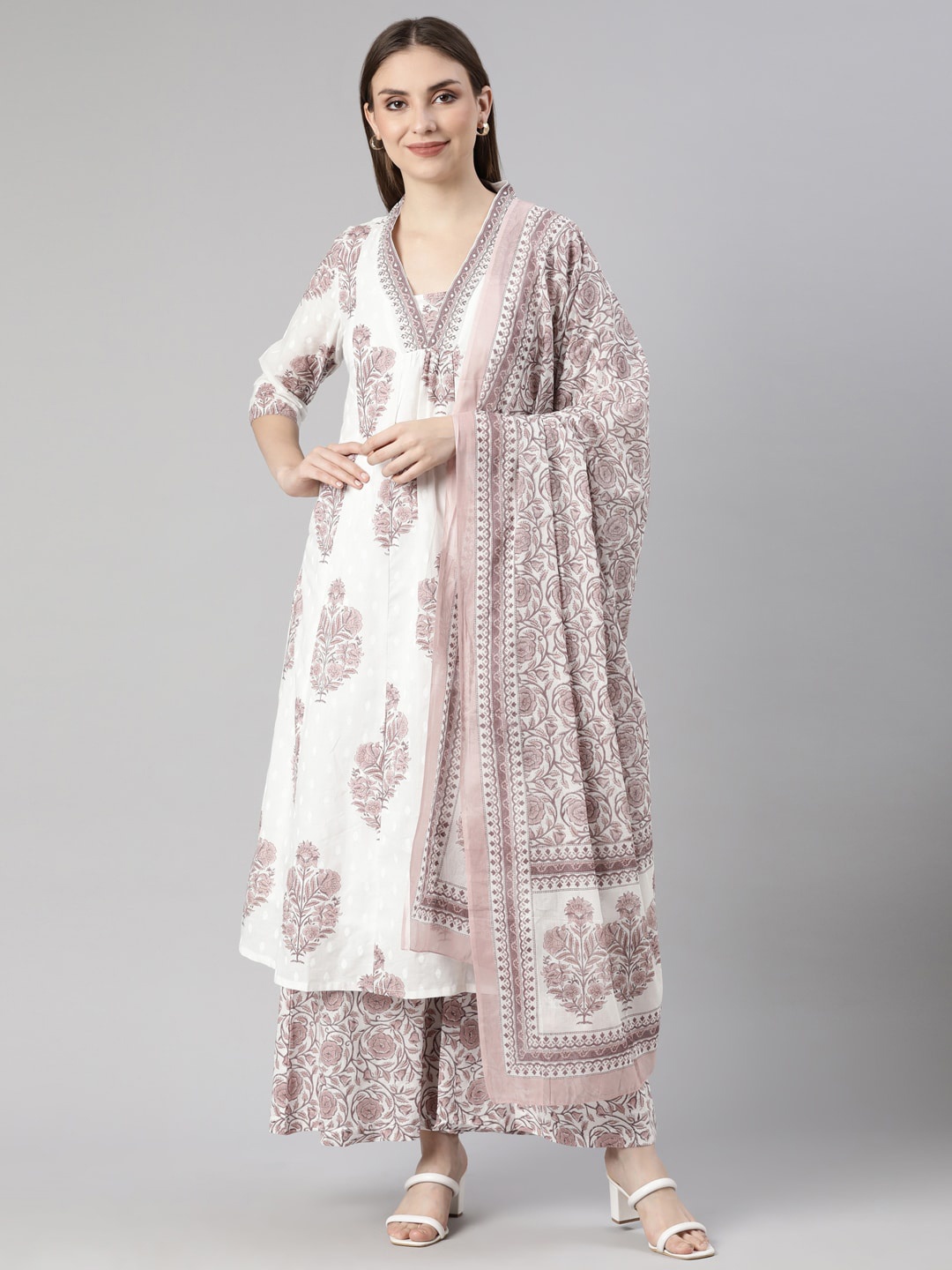

Neerus Floral Printed Empire Anarkali Kurta with Palazzos & Dupatta, Brown