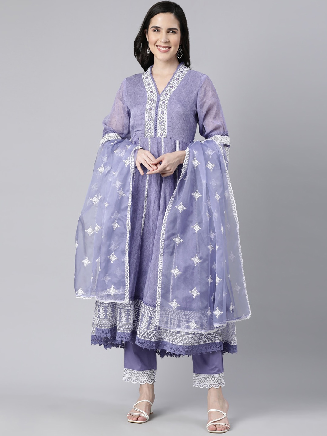 

Neerus Floral Printed V-Neck Kurta With Palazzos & Dupatta, Blue