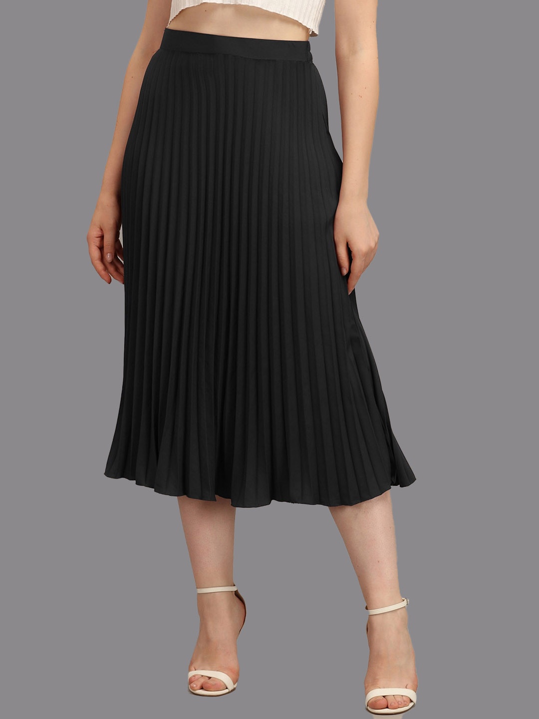 

Femvy Pleated Flared Midi Skirt, Black