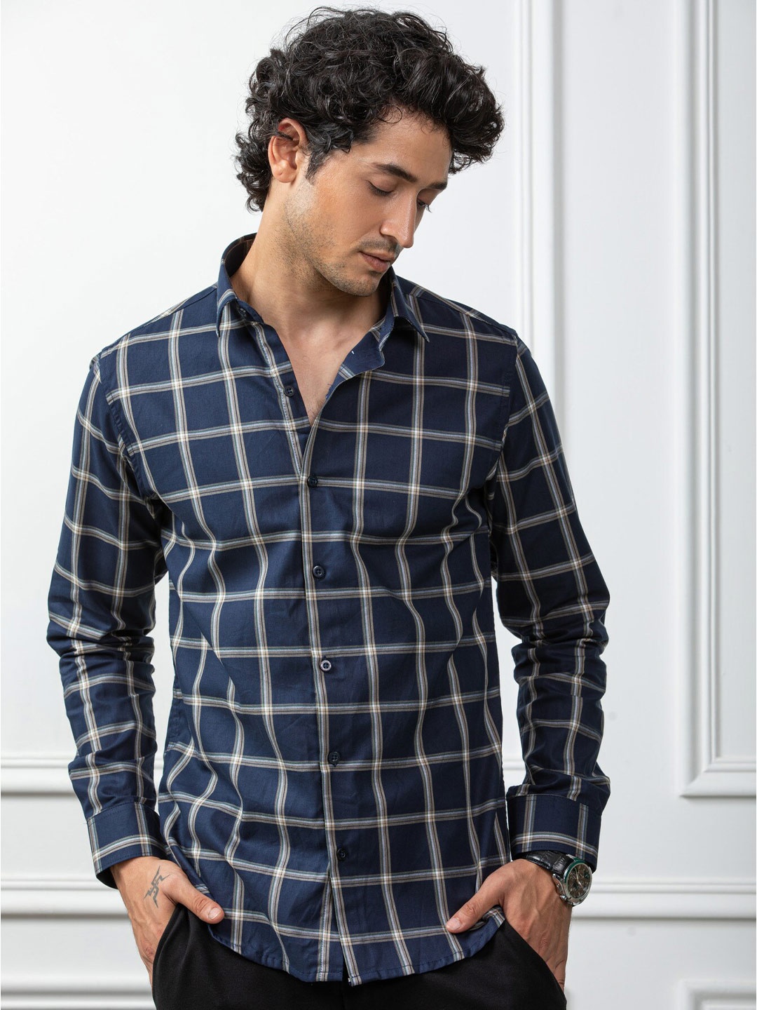 

Hermanos Classic Windowpane Checked Spread Collar Cotton Casual Shirt, Blue
