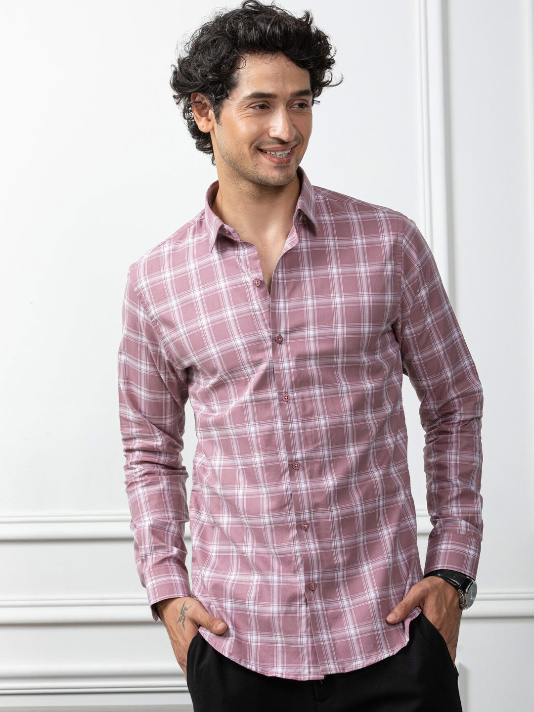 

Hermanos Classic Windowpane Checked Spread Collar Cotton Casual Shirt, Pink