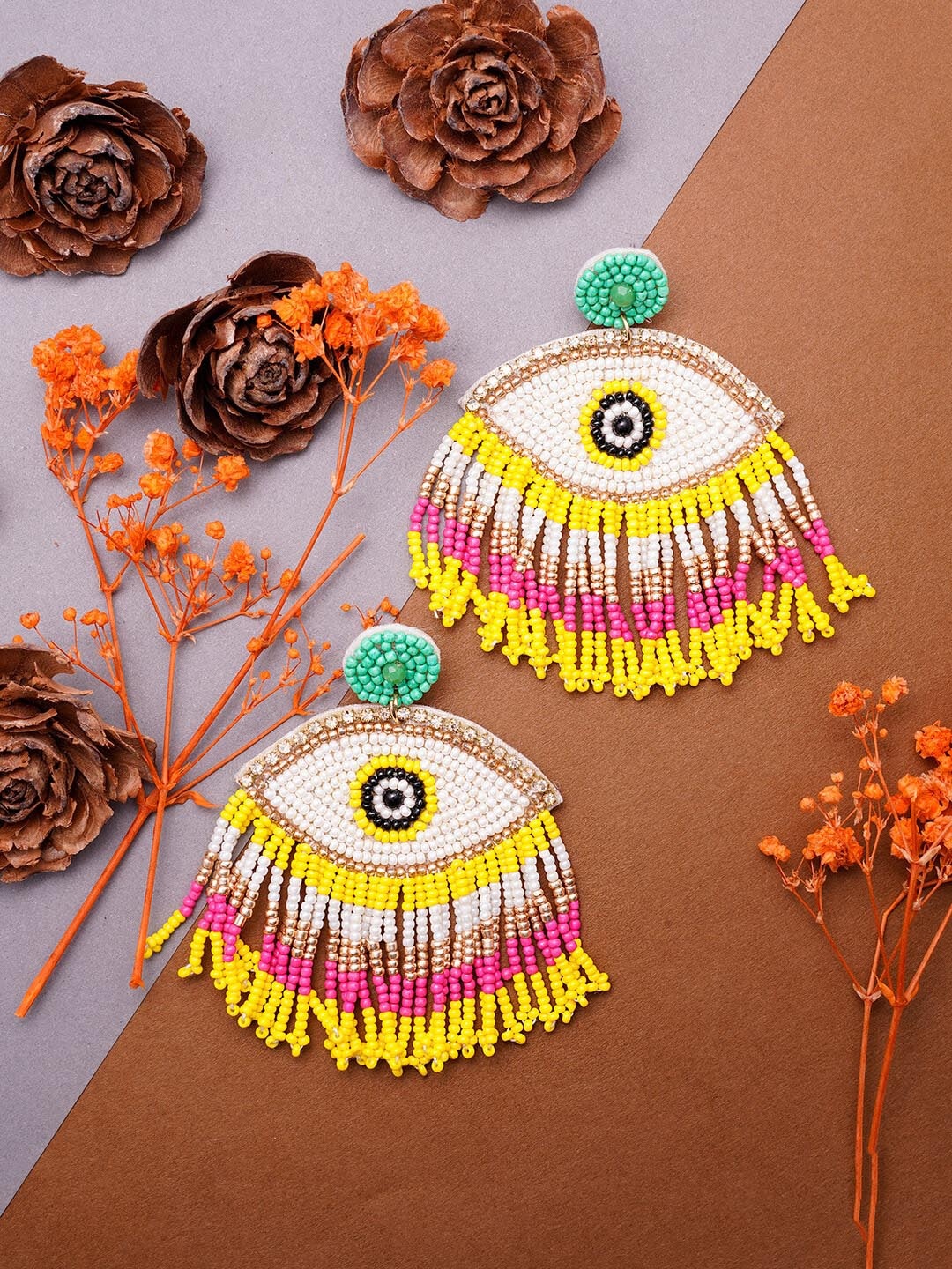 

VIRAASI Contemporary Shaped Beaded Evil Eye Drop Earrings, Yellow