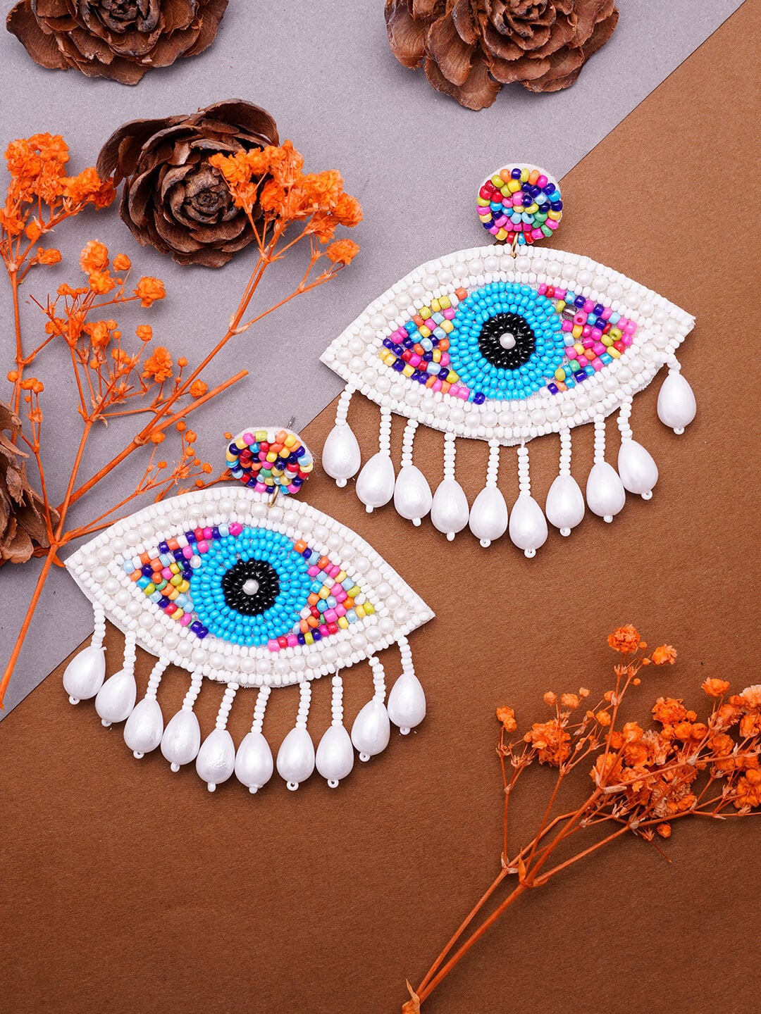 

VIRAASI Contemporary Shaped Beaded Evil Eye Drop Earrings, White