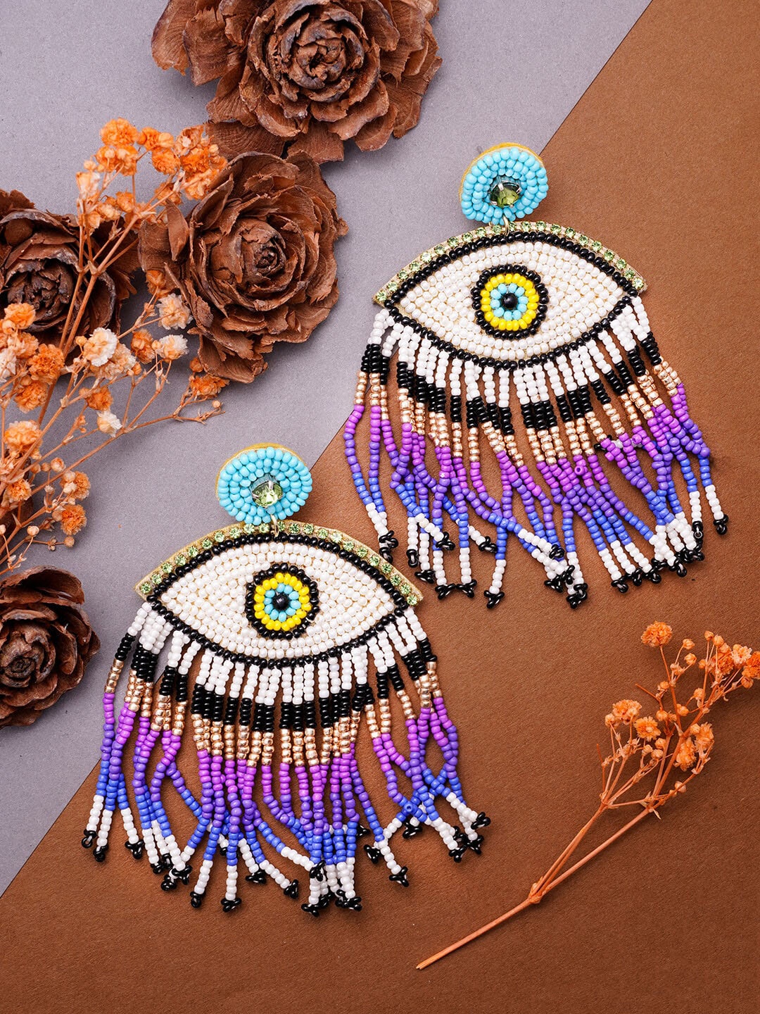 

VIRAASI Beaded Contemporary Shaped Evil Eye Drop Earrings, Blue