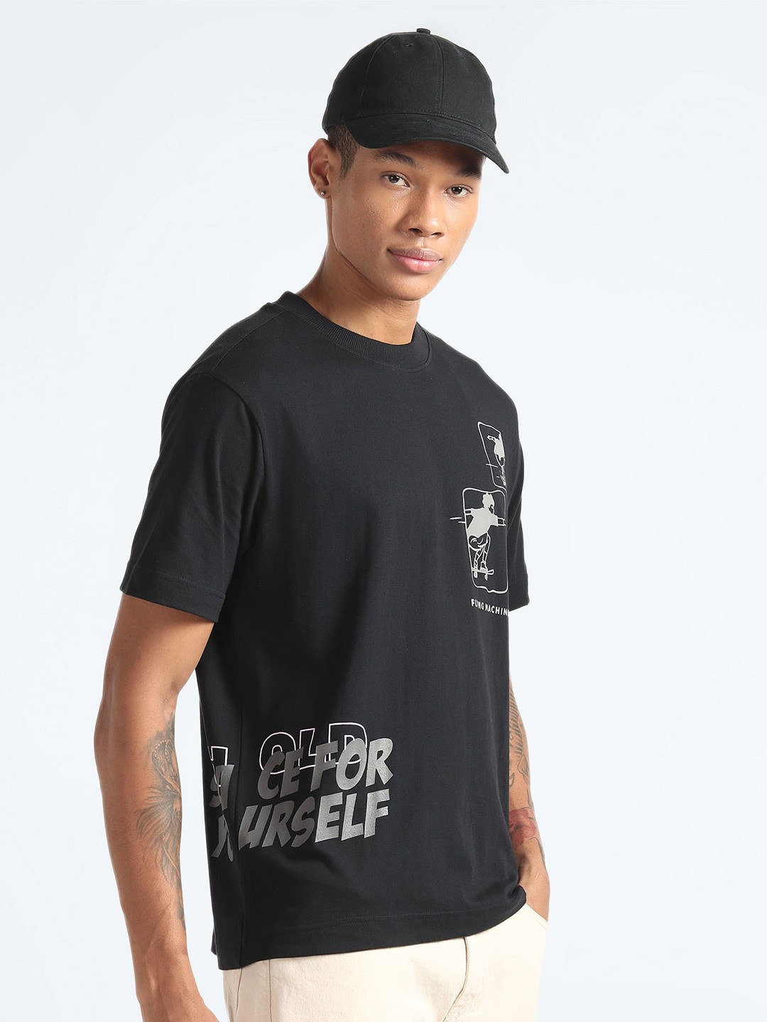 

Flying Machine Graphic Printed Pure Cotton Oversized T-shirt, Black